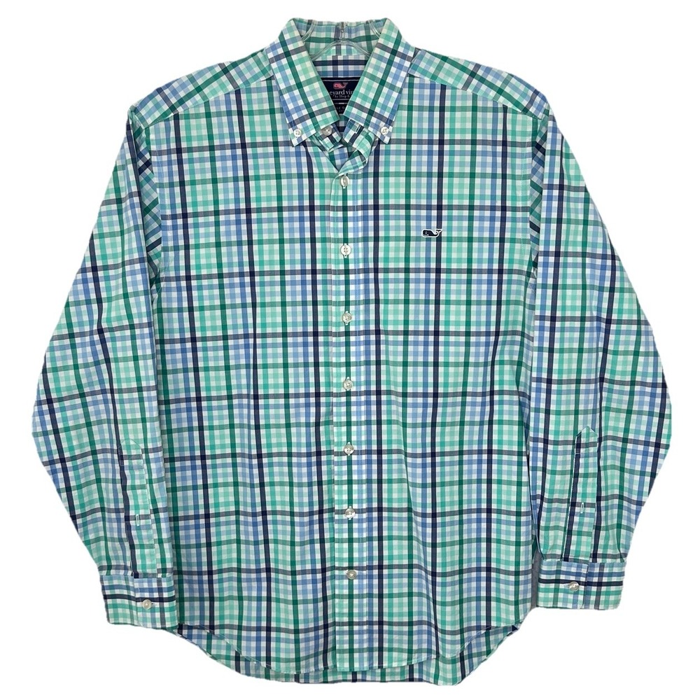 VINEYARD VINES Preppy Blue Plaid Long Sleeve Button Down Shirt Size SMALL | FLAW